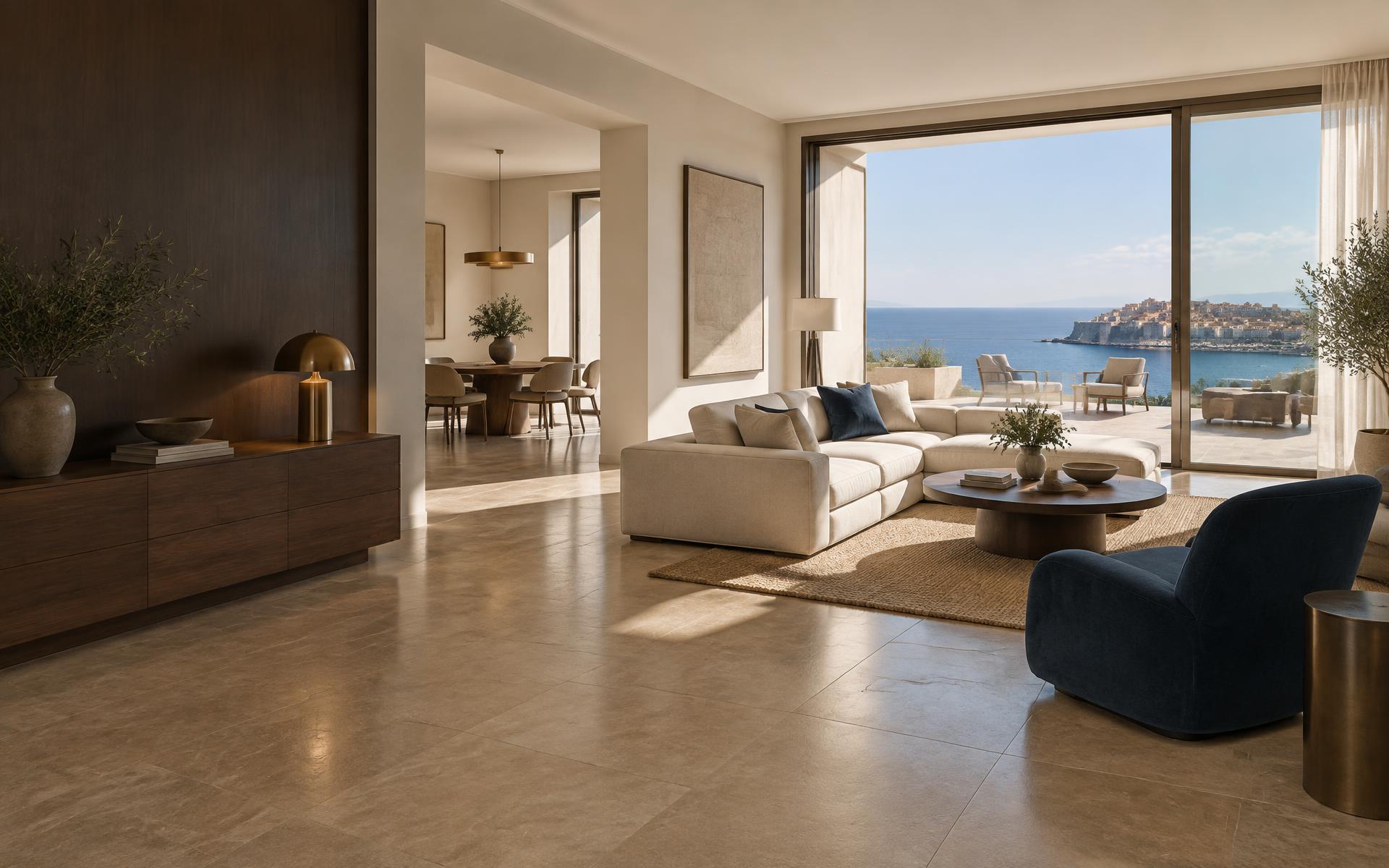 Interno elegante di un alloggio corporate affacciato sulla costa siciliana